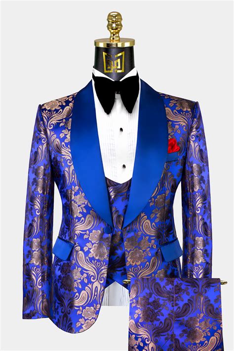 Mens Swirl Paisley Prom Tuxedo In Royal Blue Black Off