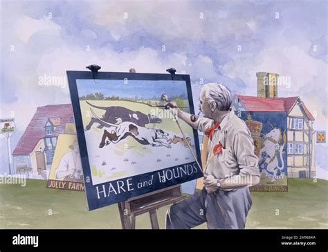 A Signwriter Paints The Pub Sign For The Hare And Hounds Pub Behind