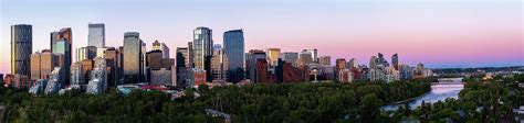 Calgary Skyline at Sunrise Color Panoramic Photograph by Yves Gagnon - Pixels