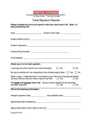 Fillable Online Piercecollege Travel Signature Request Form Pierce