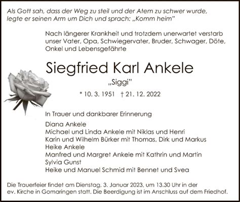 Traueranzeigen Von Siegfried Karl Ankele Trauer Gea De