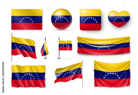 Various Flags Of Venezuela Independent Country Set Realistic Waving