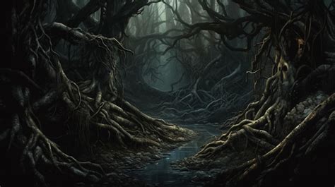 Premium AI Image A Dark Forest With Twisted Branches And Roots