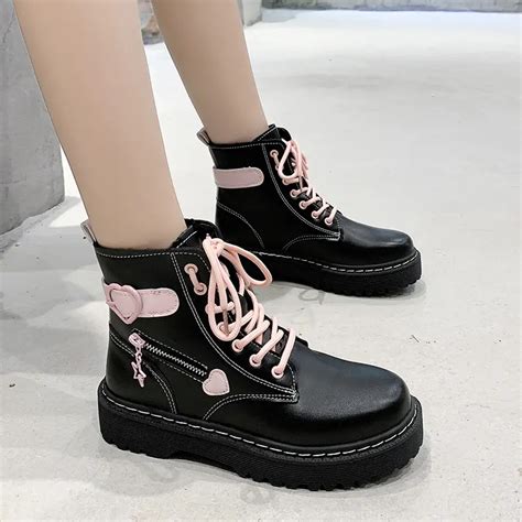 Fashion Heart Buckle Platform Ankle Combat Boots Black Temu