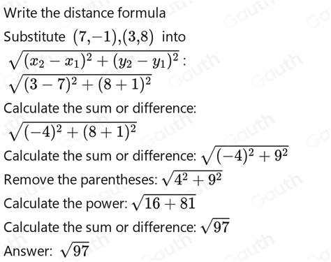 Solved Find The Distance Between The Two Points In Simplest Radical Form 7 1 And 3 8