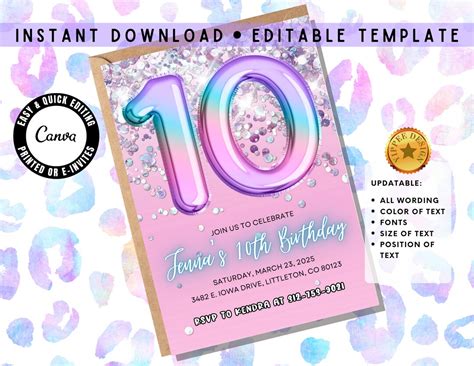 Editable 10th Birthday Invitation Template Girls Glitter Foil Tenth