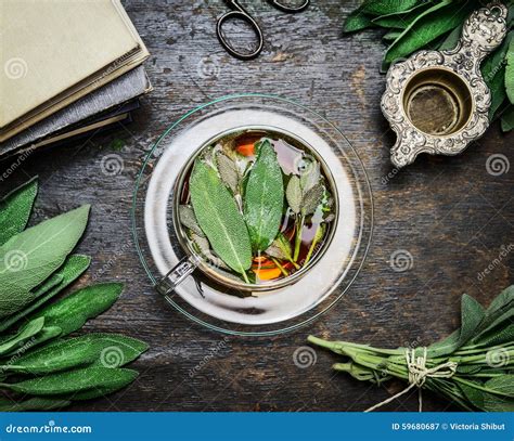 Cup Of Sage Tea With Fresh Herbs Leaves Books And Old Vintage Strainer