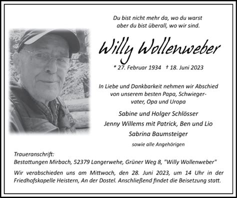 Traueranzeigen Von Willy Wollenweber Aachen Gedenkt