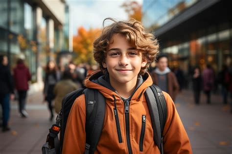 Retrato De Un Adolescente Feliz Camino A La Escuela Concepto De Regreso