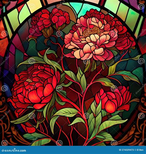 Stained Glass Red Peonies Ai Generated Stock Illustration