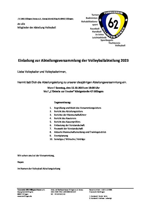 Einladung Zur Abteilungsversammlung Der Volleyballabteilung 2023 TV