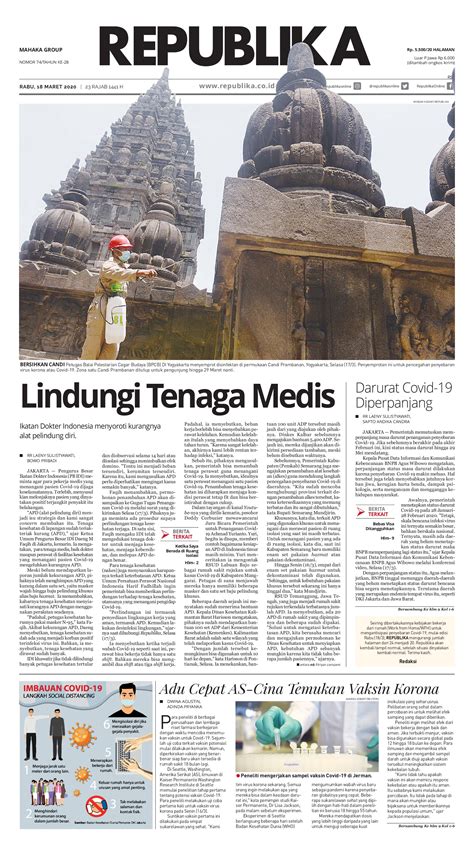 Koran Republika Newspaper 18 March 2020 Gramedia Digital