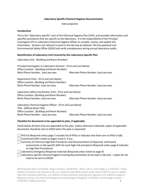 Laboratory Specific Chemical Hygiene Plan Template