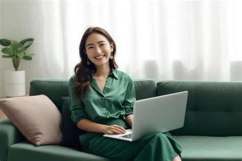 Premium Ai Image Portrait Of Happy Smile Girl Working With Laptop