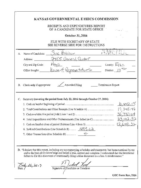 Fillable Online Ethics Ks Pdf Receipts And Expenditures Report Filed