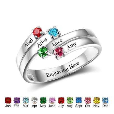 Personalized Family Ring 925 Sterling Silver Engrave Names 4 Birthstone ...