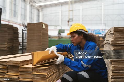 Female Warehouse Worker Working And Inspecting Quality Of Cardboard In