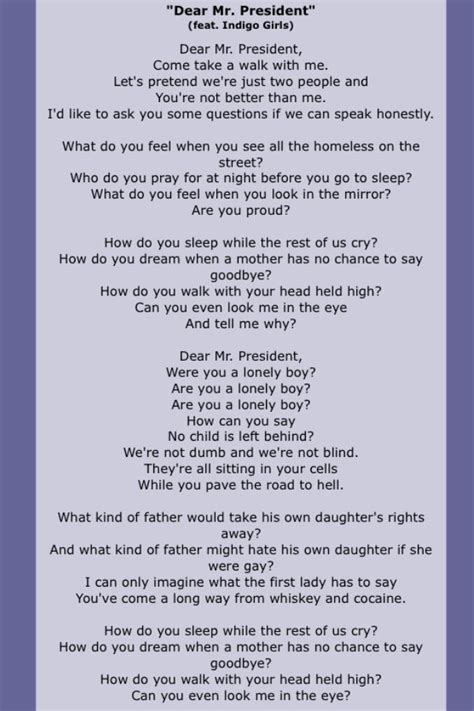 Dear Mr President Pink Featuring Indigo Girls Great Song Lyrics