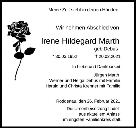 Traueranzeigen Von Irene Hildegard Marth Trauer Hna De