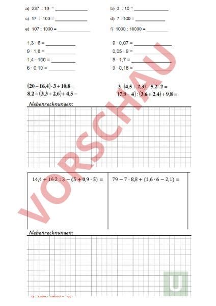 Arbeitsblatt Rechnen mit Dezimalzahlen Mathematik Brüche