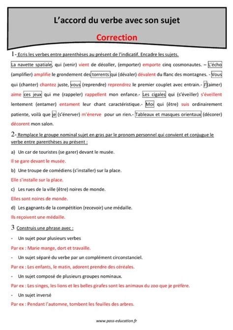 Accorder Le Verbe Avec Son Sujet Cm Exercices Corrig S Pass