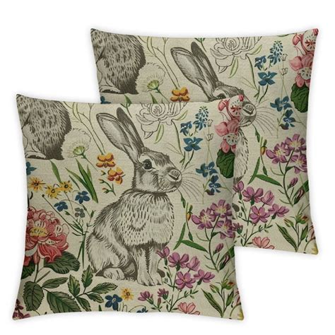 Comio Spring Pillow Covers Rabbit Bunny Pink Flower Sage Green Leaves