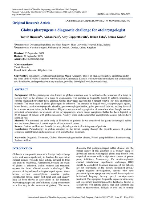 Pdf Globus Pharyngeus A Diagnostic Challenge For Otolaryngologist