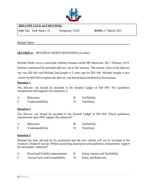 2023 UNIT 3 VCE ACCOUNTING SAC 1A Total Marks 45 Weighting DATE 17