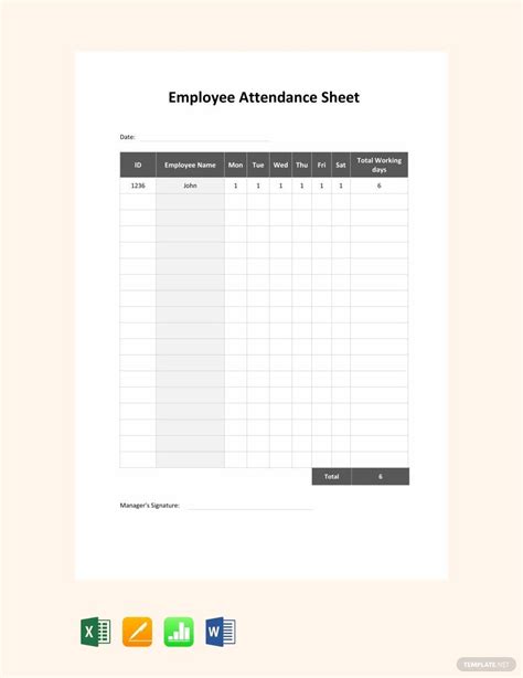 Employee Attendance Sheet Template in Excel, Pages, Numbers, Word ...