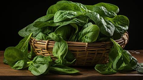 Premium Ai Image Fresh Green Spinach Leaves In Bowl On Rustic Wooden