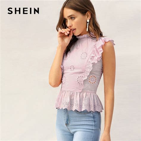 Shein Pink Ruffle Trim Lace Eyelet Embroidered Peplum Top Sleeveless