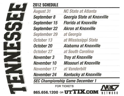 Tennessee Football Printable Schedule