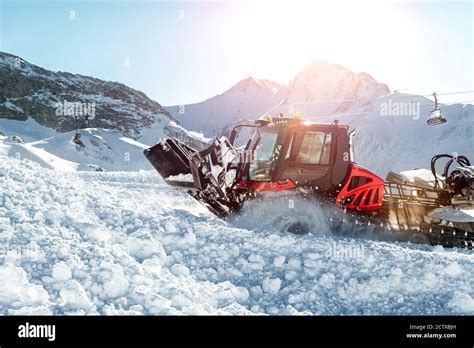 Red Modern Snowcat Ratrack With Snowplow Snow Grooming Machine