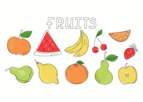 Conjunto De Frutas Y Bayas En Estilo Doodle 2 Vector Premium