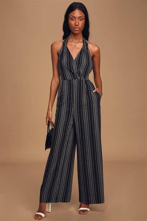 Chic Black Jumpsuit Multi Striped Jumpsuit Halter Jumpsuit Lulus