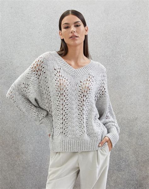 Brunello Cucinelli Dazzling Lace Sweater In Cashmere Feather Yarn