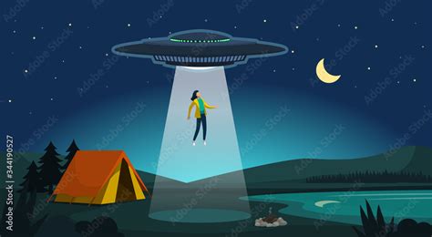 Alien abduction: ufo kidnapping a woman at night Stock Vector | Adobe Stock