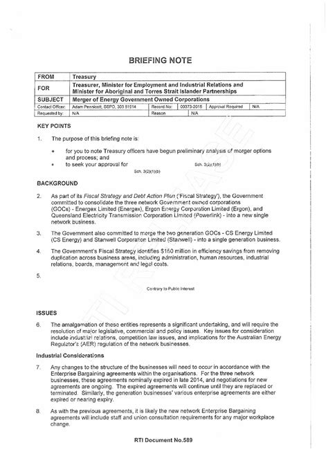 Example Briefing Note Briefing Note From Treasury For Treasurer Minister For Employment And