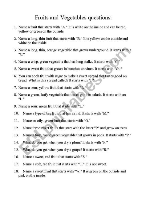 English Worksheets Fruit And Vegetable A Z Questions