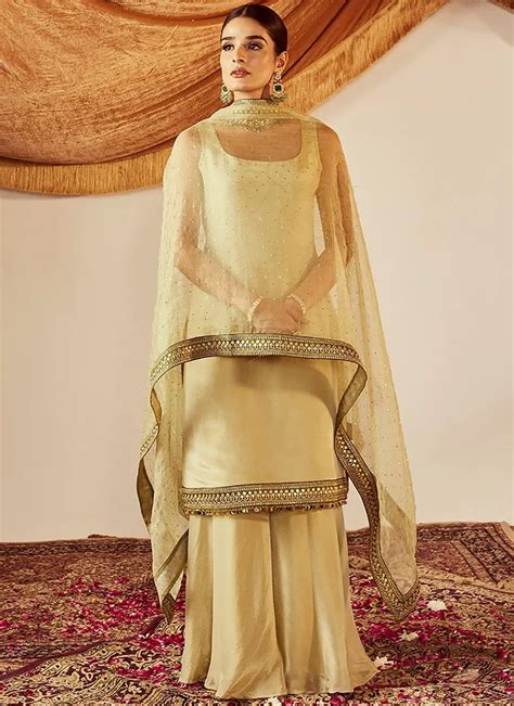 Buy Women Palazzo Suit Beige Silk Lace Work Embroidered Sequins Kurta