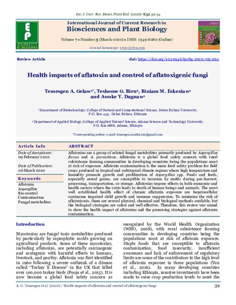 Pdf Health Impacts Of Aflatoxin And Control Of Aflatoxigenic Fungi