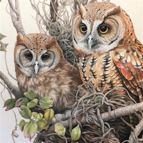 Premium Photo Painting Of Two Owls Sitting In A Nest With Leaves And