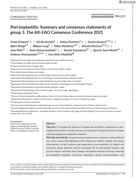 Peri Implantitis Summary And Consensus Statements Of Group 3 The 6th