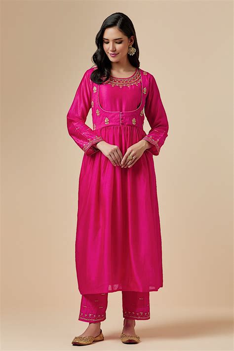 Buy Fuchsia Silk Chanderi Embroidered Floral Round Gathered Kurta For