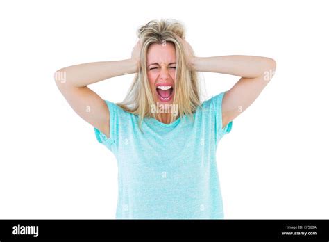 Furious Blonde Standing And Yelling Stock Photo Alamy