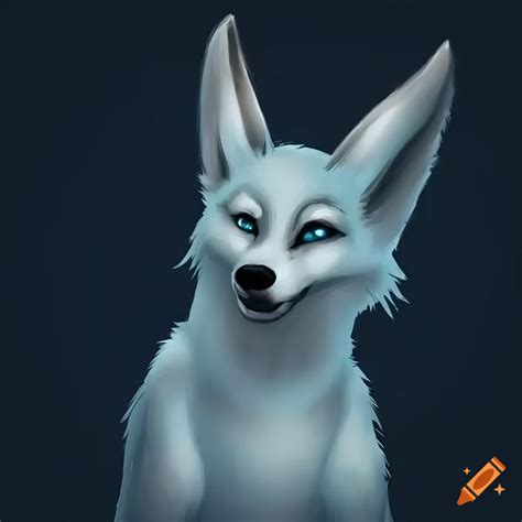 Anthropomorphic White Wolf With Fennec Fox Ears And Blue Eyes In