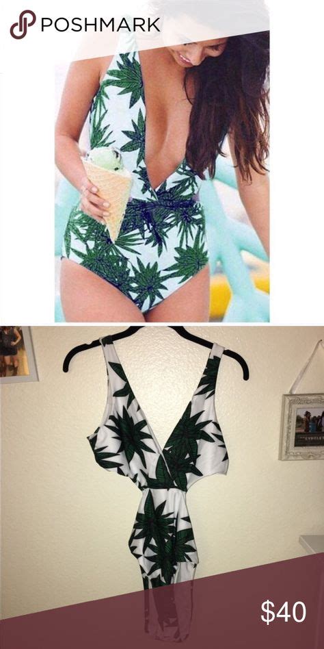 Palm Leaves Bikini Brand New Never Worn One Piece Plunging Bikini With