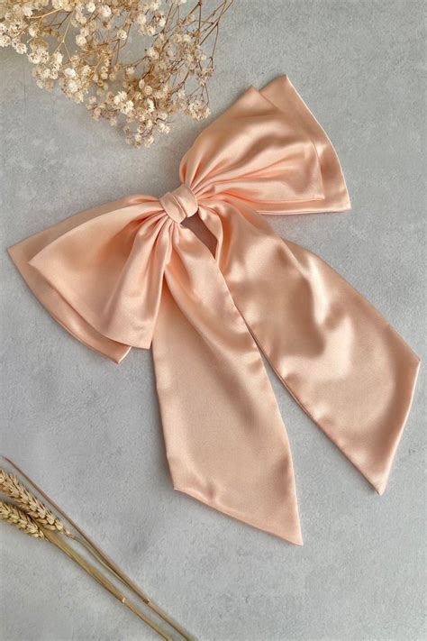 Peach Satin Large Double Hair Bow Women Giant Bow With Tail Apricot Big Bow With Barrette