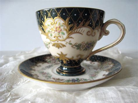 Vintage Demitasse Cup and Saucer Black and Gold Hand Painted