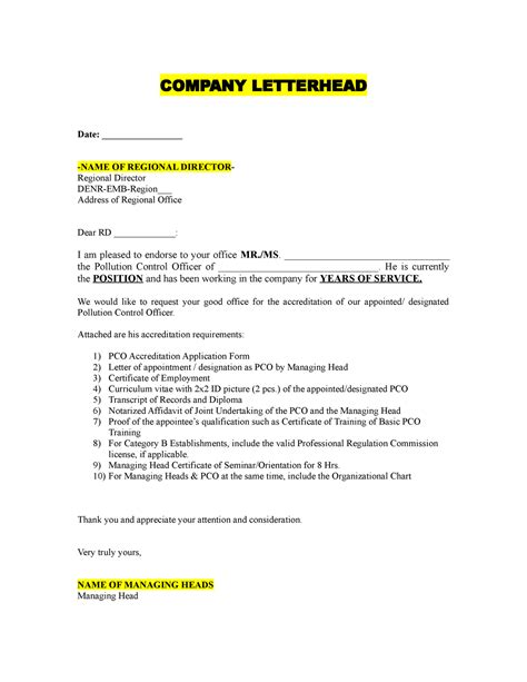 For Pco Officer Company Letterhead Date Name Of